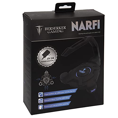 Narfi Gaming Mouse Bungee Stand - Kék LED - 4 portos USB 3.0 Hub Aktív Hatalom - 5V AC Adaptert Tartalmaz - PC; Mac; Linux