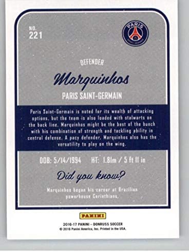 -17 Donruss Debütál Foci 221 Marquinhos Paris Saint-Germain Hivatalos Futbol Kereskedelmi Kártyát A Panini Amerika